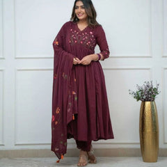 Pure Cotton Wine Kurti Pant Dupatta Set