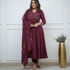 Pure Cotton Wine Kurti Pant Dupatta Set