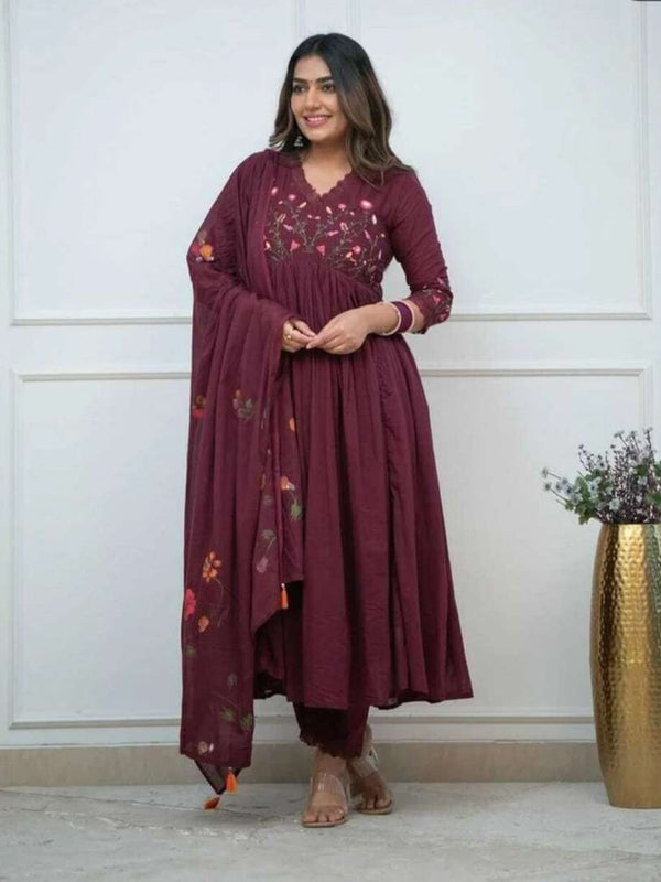 Pure Cotton Wine Kurti Pant Dupatta Set