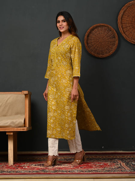 Mustered Rayon Block Print Straight Kurta