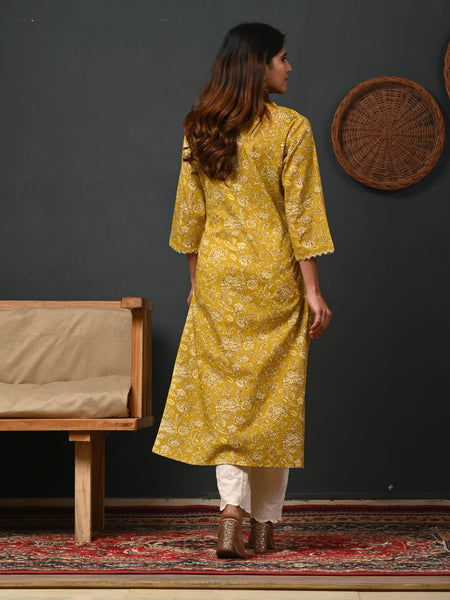 Mustered Rayon Block Print Straight Kurta