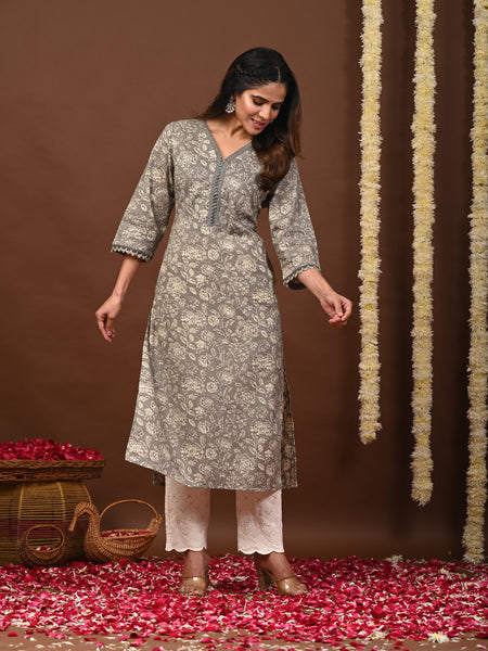 Grey Rayon Jaipuri Printed Kurti